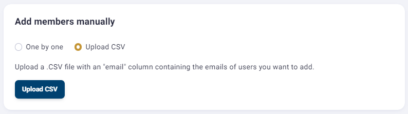 Add members manually interface with CSV upload option.
