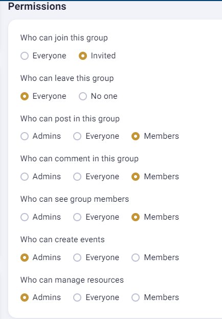 Group permissions settings interface.