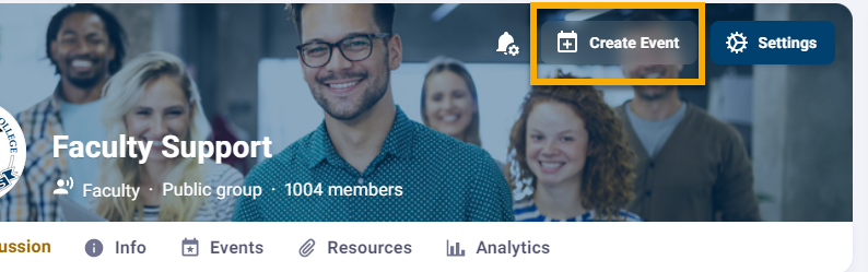 Group photo with "Create Event" button highlighted.