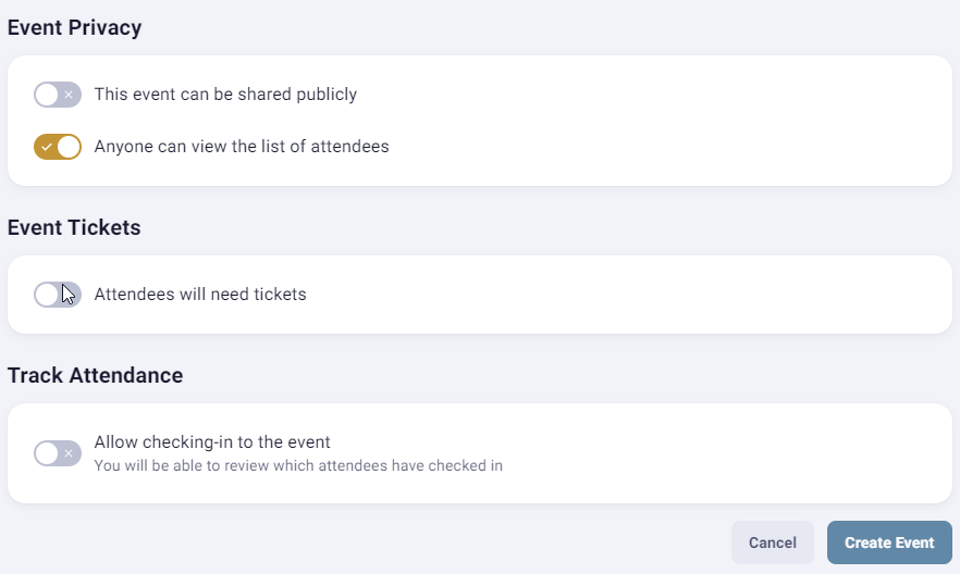Event settings interface with toggle options.