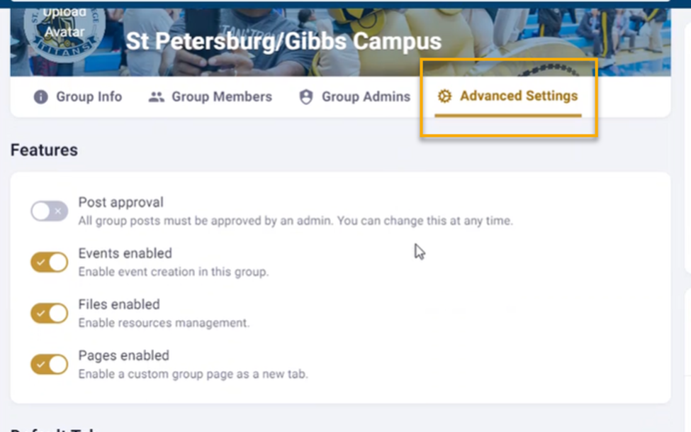 Group settings interface with features listed.