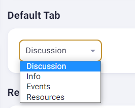 Dropdown menu with tab options: Discussion, Info, Events, Resources.