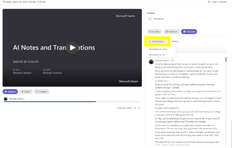Microsoft teams transcripts faculty staff support