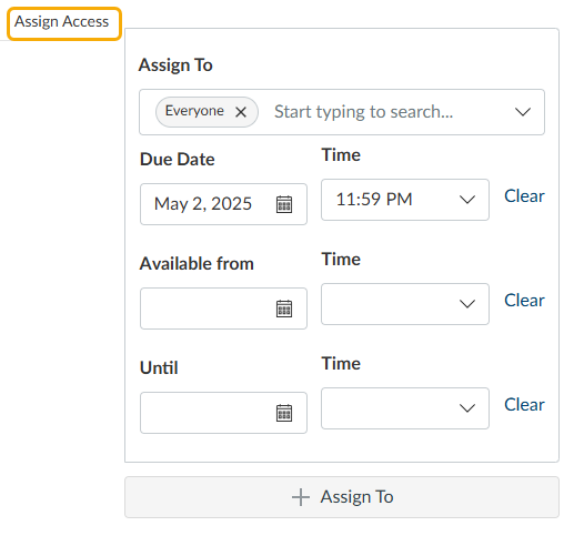 yellow box highlighting the assign access menu in Canvas Assignment editor
