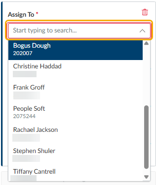 box with dropdown menu, several students' names listed, the cursor selects one student