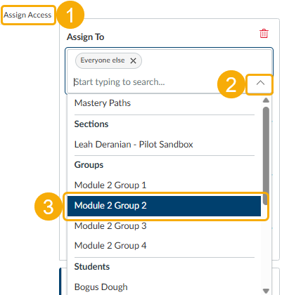 picture shows 3 steps. Step 1 is checkig the This is a group assignment box. Step 2 is selecting the dropdown menu below group set. Step 3 is selecting a group inside the group set.