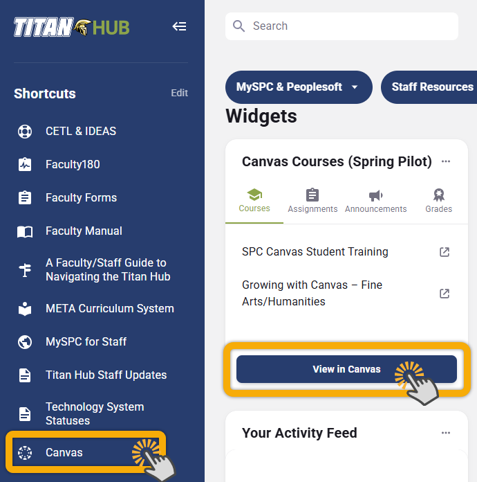 shows user clicking Canvas under shortcuts and clicking view in Canvas on the Widget