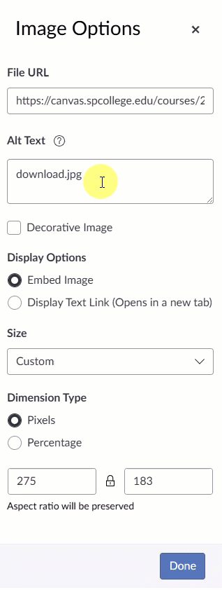 shows user filling out alt text form and other image properties