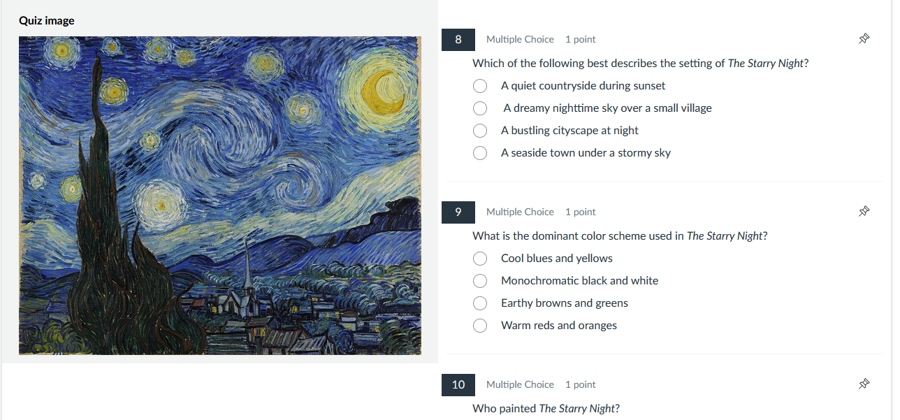 An example of Starrynight painting with several stimulus questions next to it