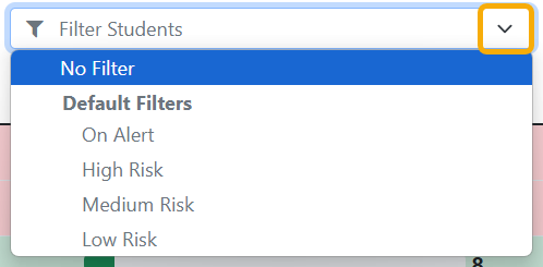 filter screenshot showing ability to filter by on alert, high risk, medium risk, low risk