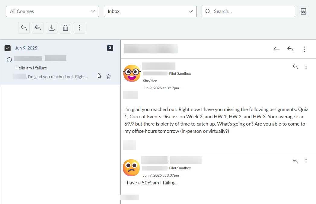 Shows content of a message between a student and faculty member