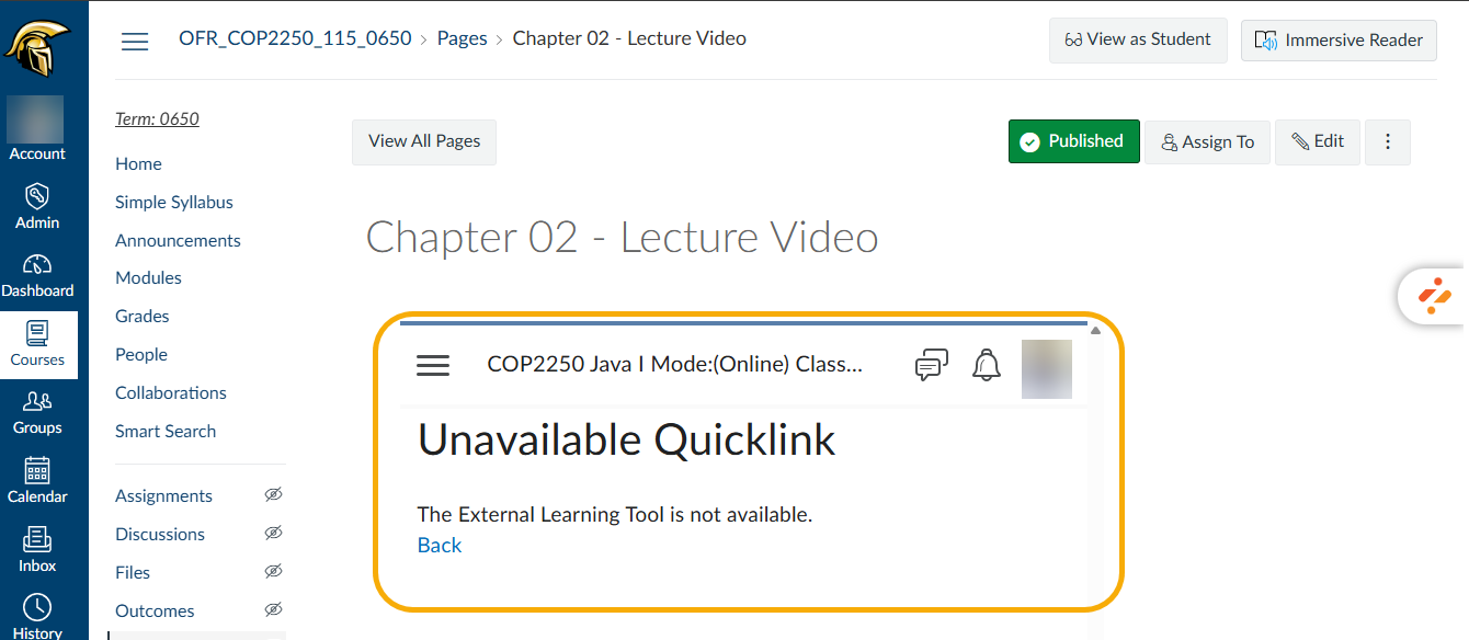 screenshot of Canvas showing unavailable quicklink instead of video