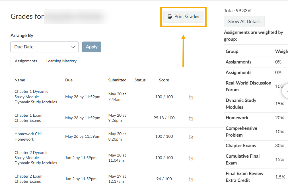 Select the Print Grades button in the top right/middle area of the student grades screen.