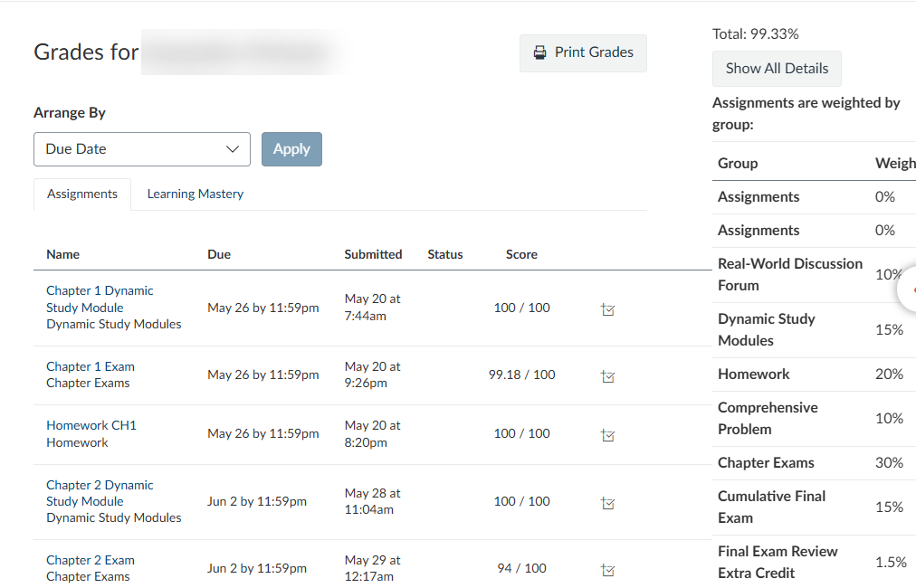 Example of the Student Grades screen arranged by assignment due date.