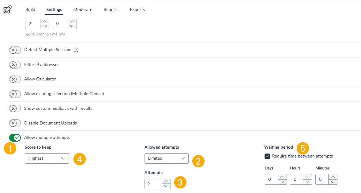 quiz settings including