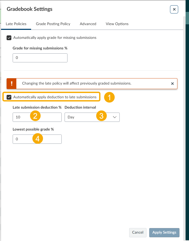 screenshot of gradebook settings showing 10% deduction auto applied each day late