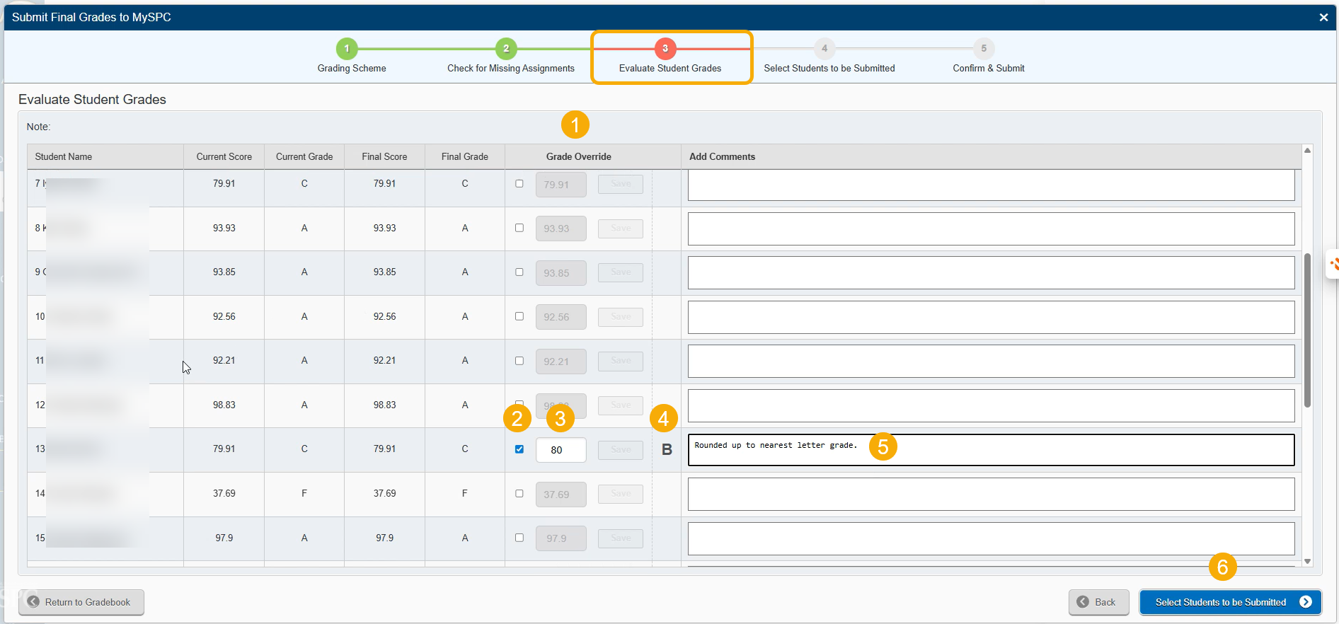 Evaluate student grades with an override column
