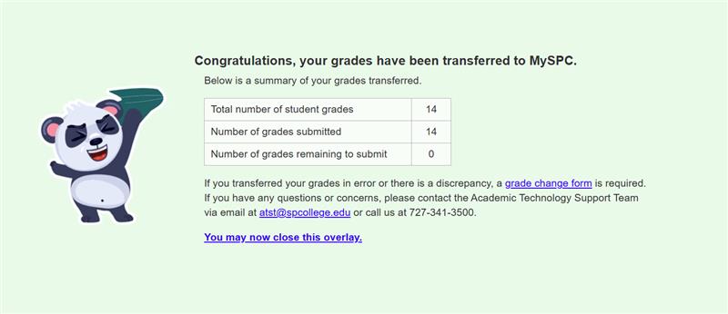 Below is a summary of grades transferred: Total number of grades, number of grades submitted, number of grades remaining to submit