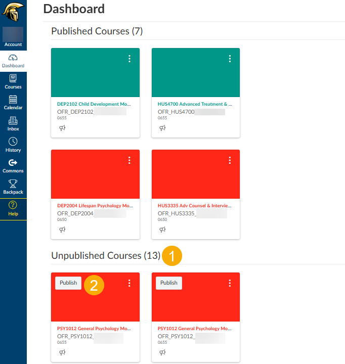 canvas dashboard showing published and unpublished courses