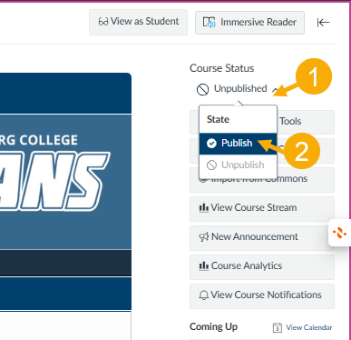 Course status page, showing how to click the menu and then click publish