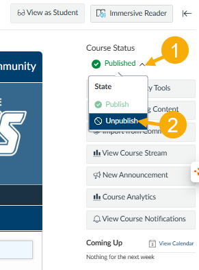 select course status menu, then unpublish
