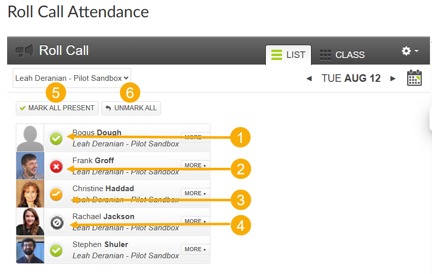 Roll call attendance screen with symbols