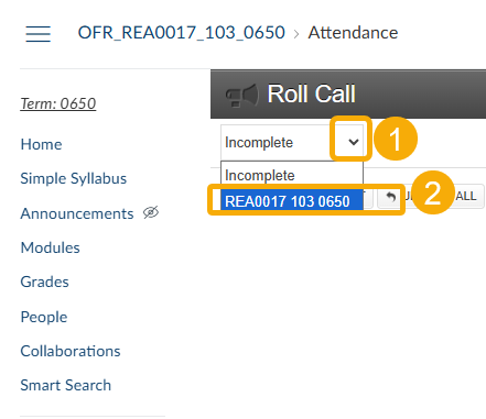 select the down arrow next to incomplete, then select your course title