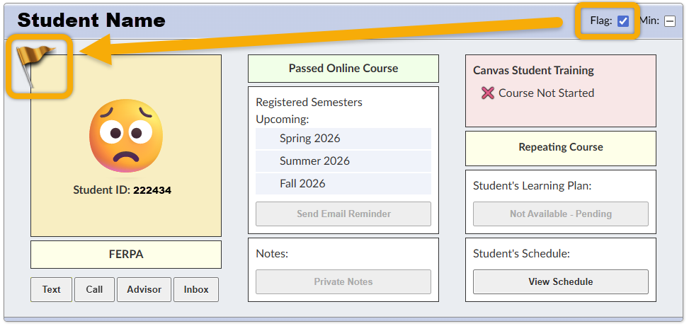Shows example of clicking on Flag check box and shows flagged student card