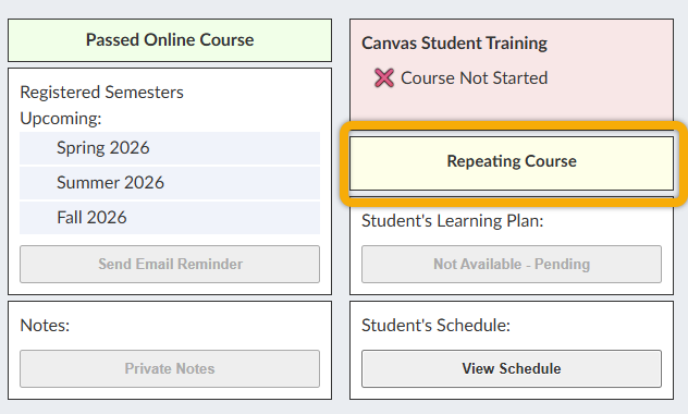 shows Student is Repeating the Course example on Card