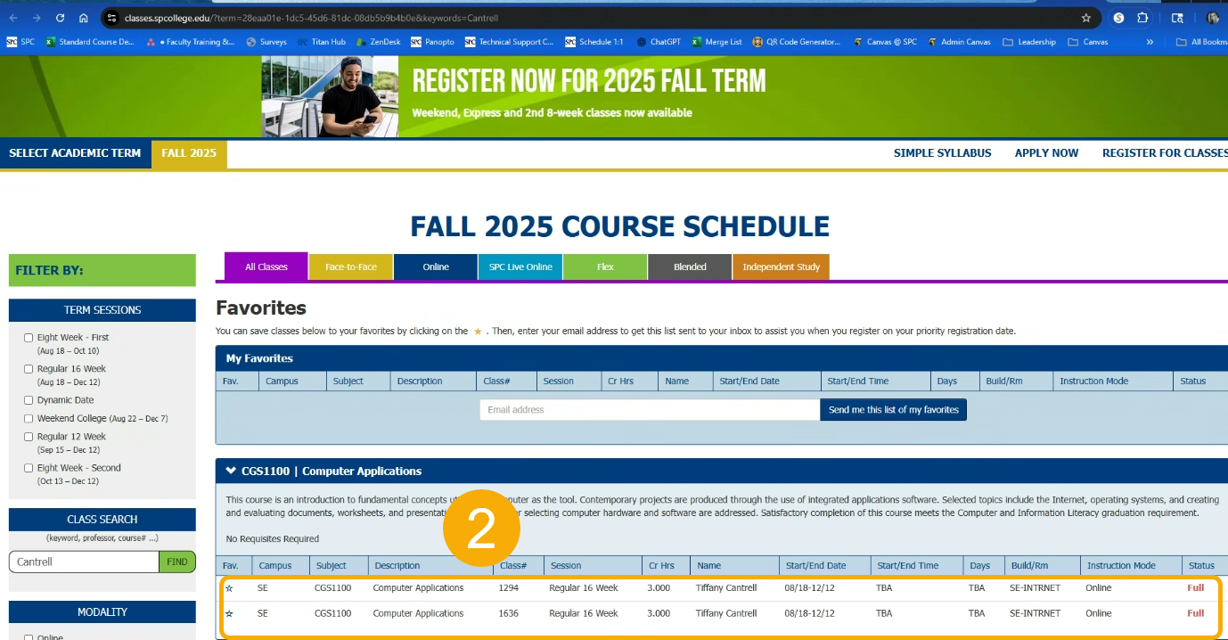 SPC homepage with Tiffany's courses filtered