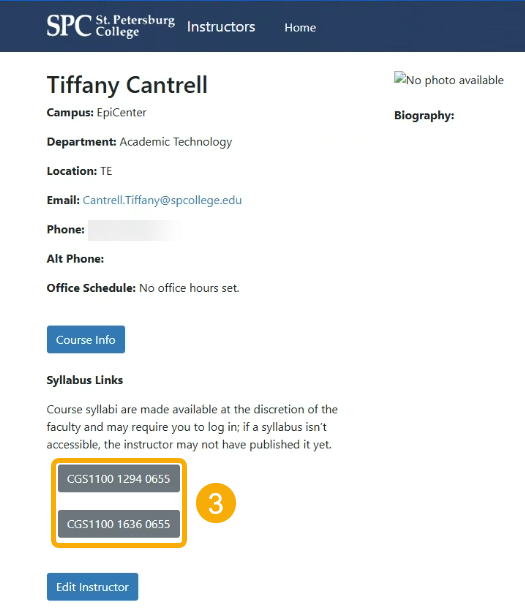 Screenshot of Tiffany's Instructor page, with her hyperlinked syllabi circled