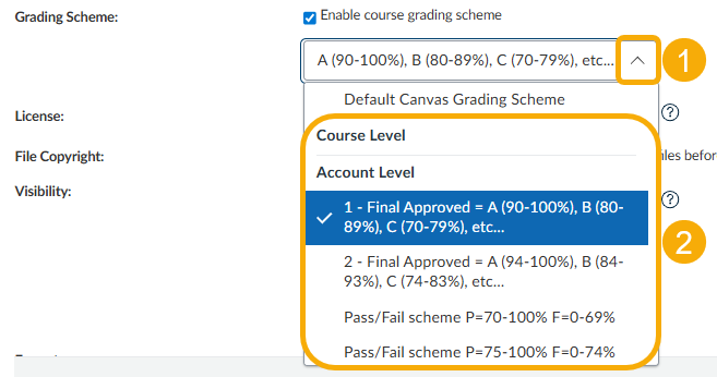 select caret to open menu, then select appropriate grading scheme