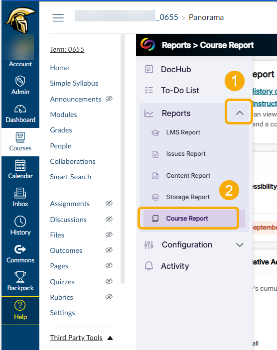 select the caret next to reports and select course report