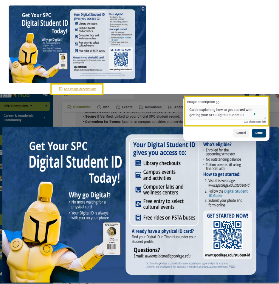 two screenshots showing how to use the alt text feature