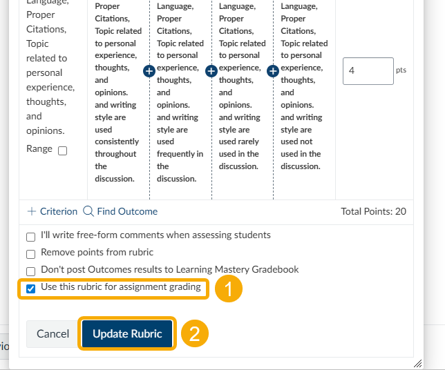 Select checkbox next to "use this rubric for assignment grading" and then select "update rubric." 