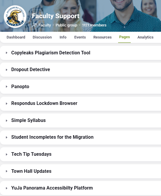 screenshot of pages in Faculty Support group