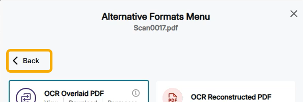 select back button on top of the OCR overlaid PDF button