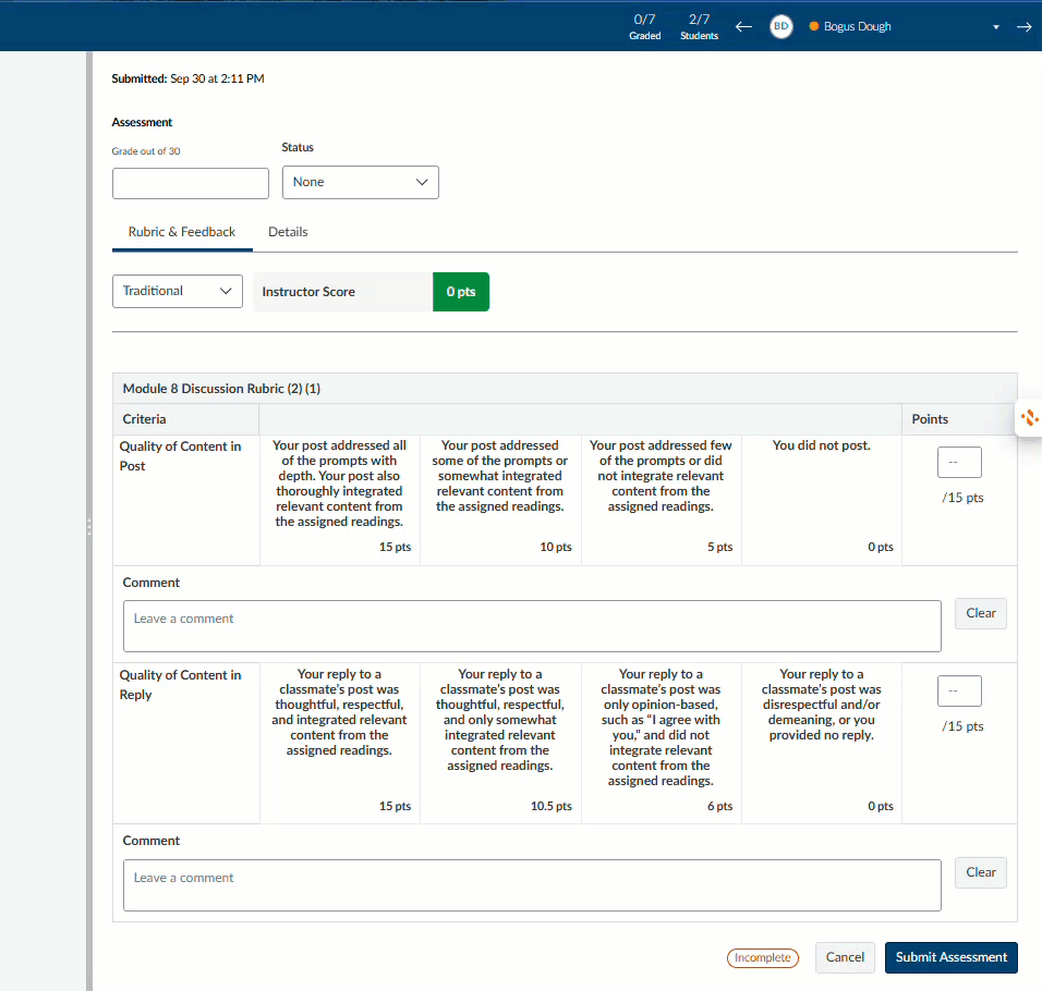 20/15 for the post, 15/15 for reply, which results in the student earning extra credit (35/30)