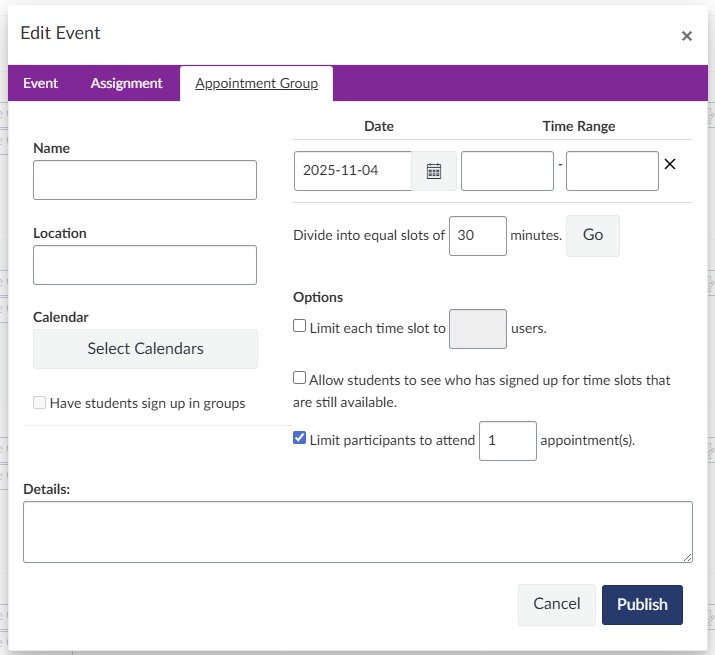 Image shows an overview of the fields for the appointment group tab