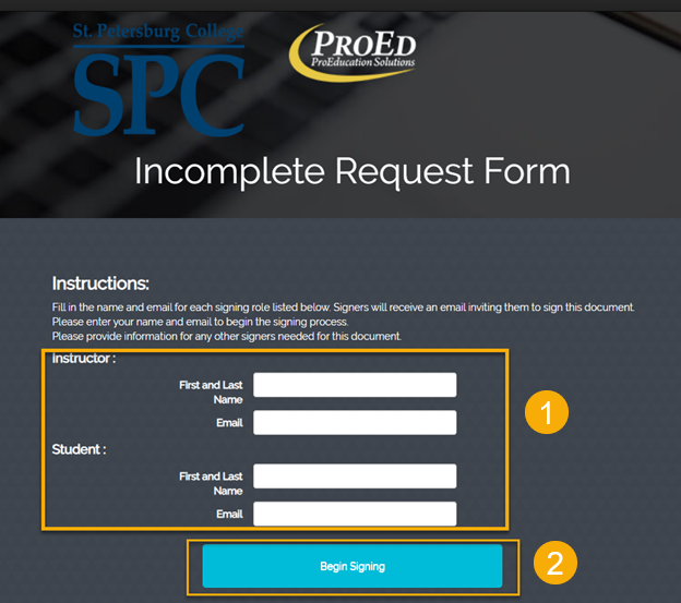 add your info and student's info on top, then click begin button