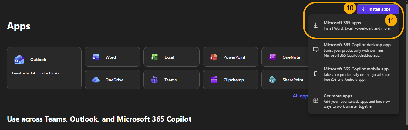 shows user clicking "install apps" tab, then selecting Microsoft 365 spps