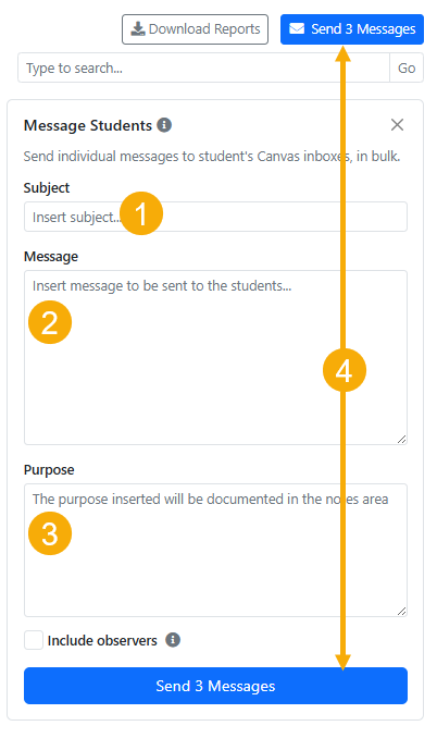 1- subject, 2- message, 3- purpose, 4- send