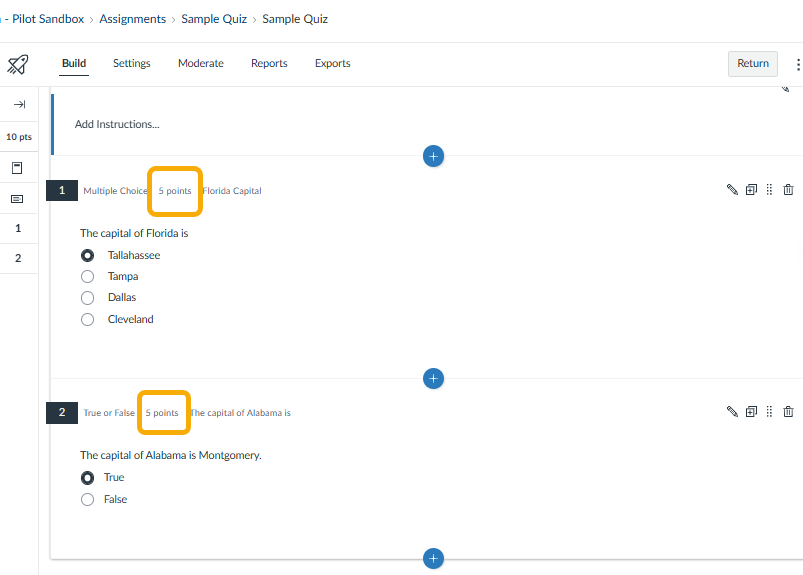 screen showing 2 5-pt quiz questions