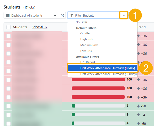 select the dropdown arrow from the filter dropdown menu, and select First Week Attendance Outreach (Friday) filter