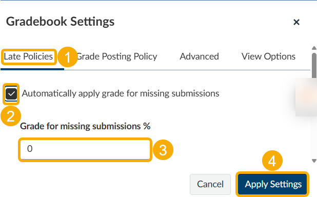 in the Late Policies tab (1), check the box next to Automatically apply grade for missing submissions (2), enter zero for the grade (3), and then click Apply Settings (4). 