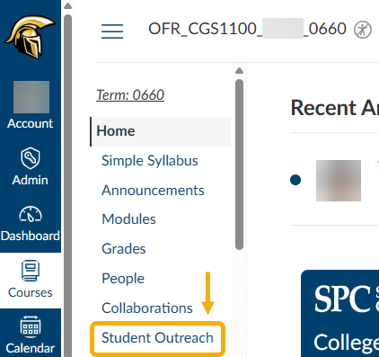 Screenshot of Canvas course with Student Outreach selected from the course navigation