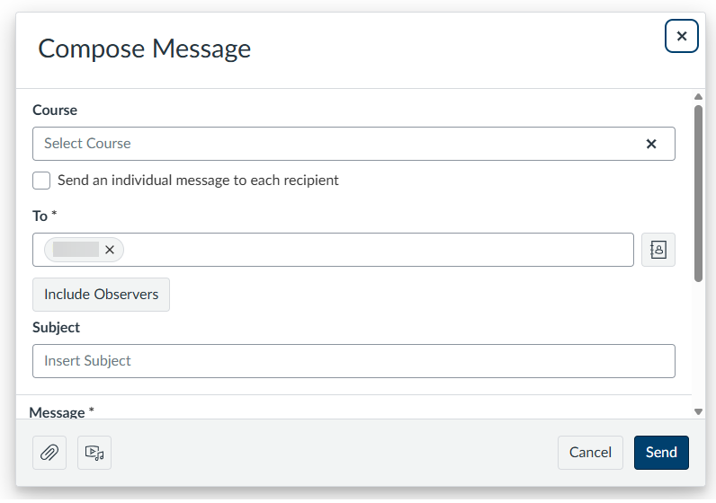 Canvas inbox screen in composition window
