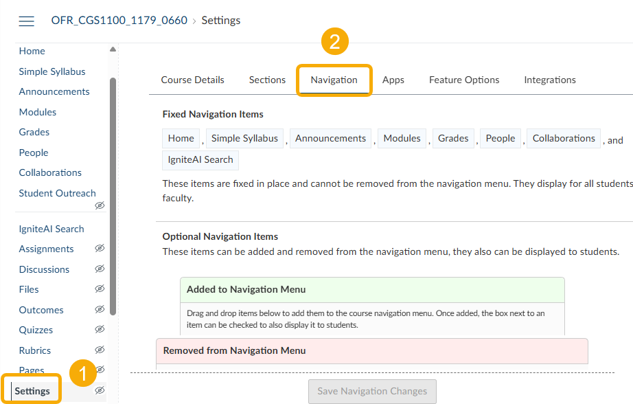 1. settings, 2. navigation