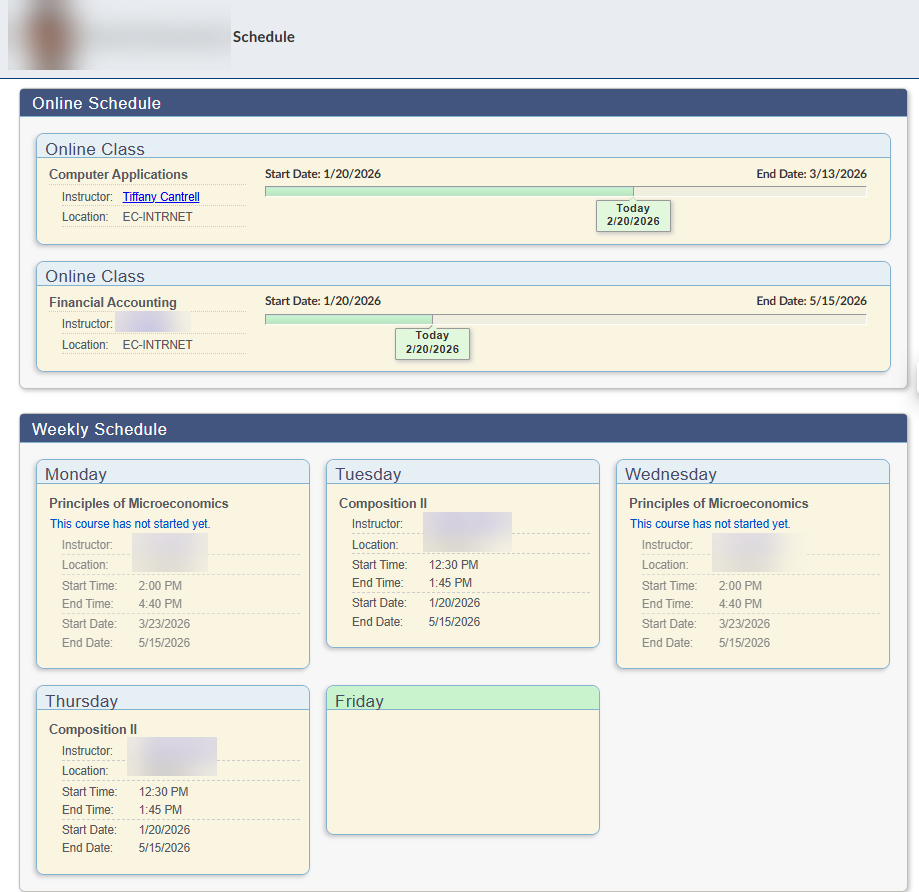 student's schedule with online classes at the top and f2f at the bottom