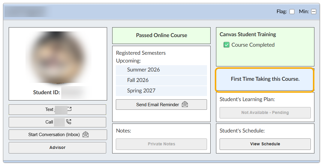 Screenshot showing student info, contact info, passed online class, completion of the canvas student training and first time in this course